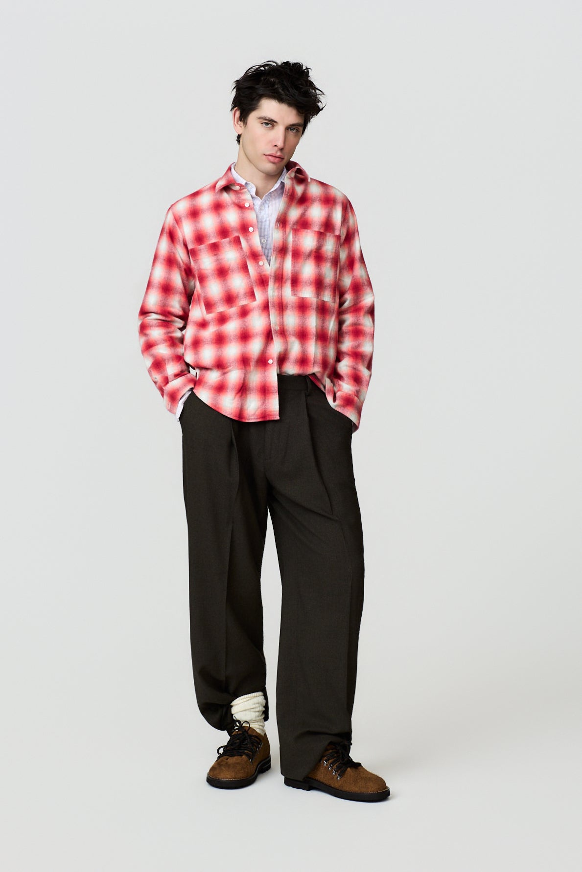 SEMETE CHECKED FLANNEL OVERSHIRT - RED/GREY