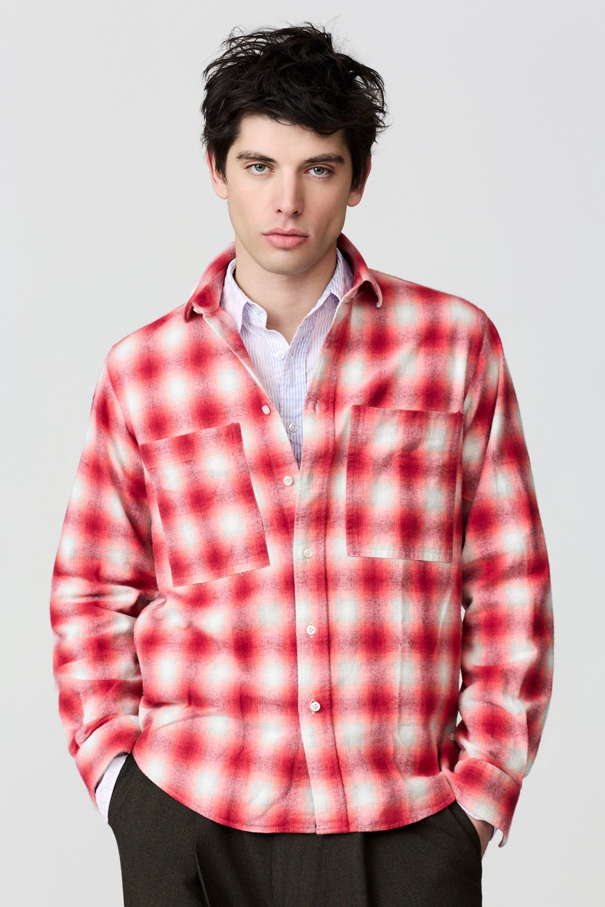 SEMETE CHECKED FLANNEL OVERSHIRT - RED/GREY