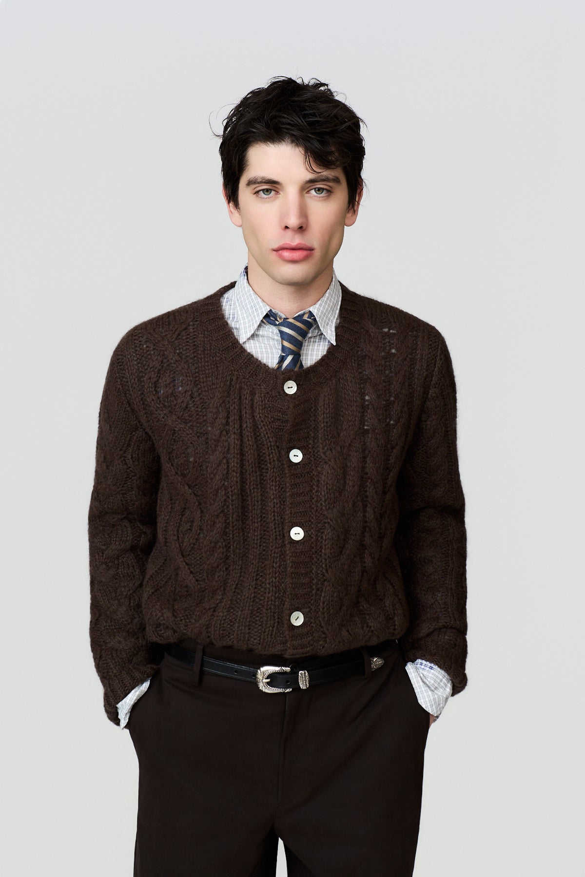 paura-Amar Round Neck Cardigan - Brown-16DP60100000016