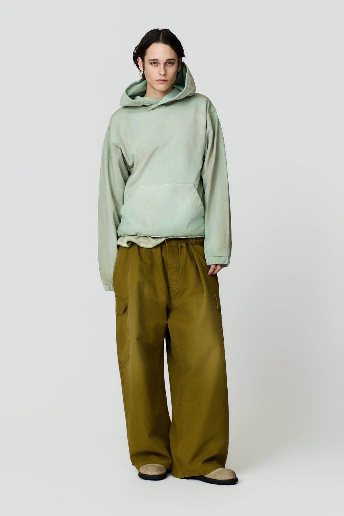 paura-Assenzio Garment-Dyed Distressed Hoodie - Mint-16DP30040000019