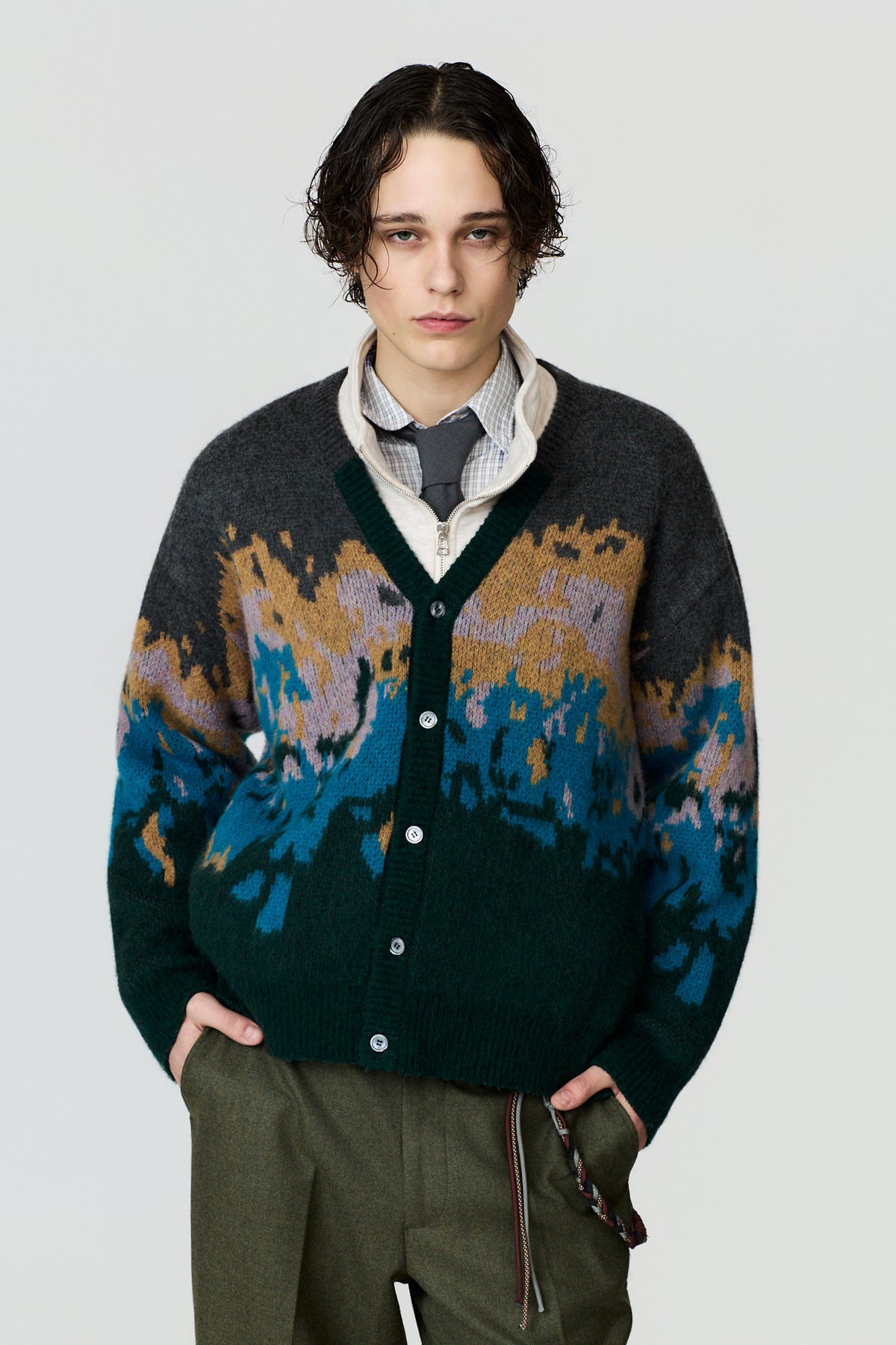 paura-Castore Jacquard Pattern Cardigan - Antracite/Multicolor-16DP60060000037