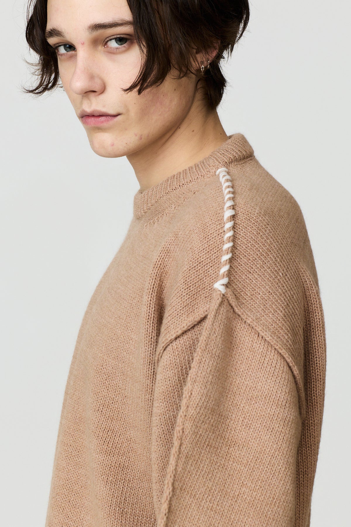 paura-Hotaka Contrast Stitch Crewneck - Beige-16DP60080000046
