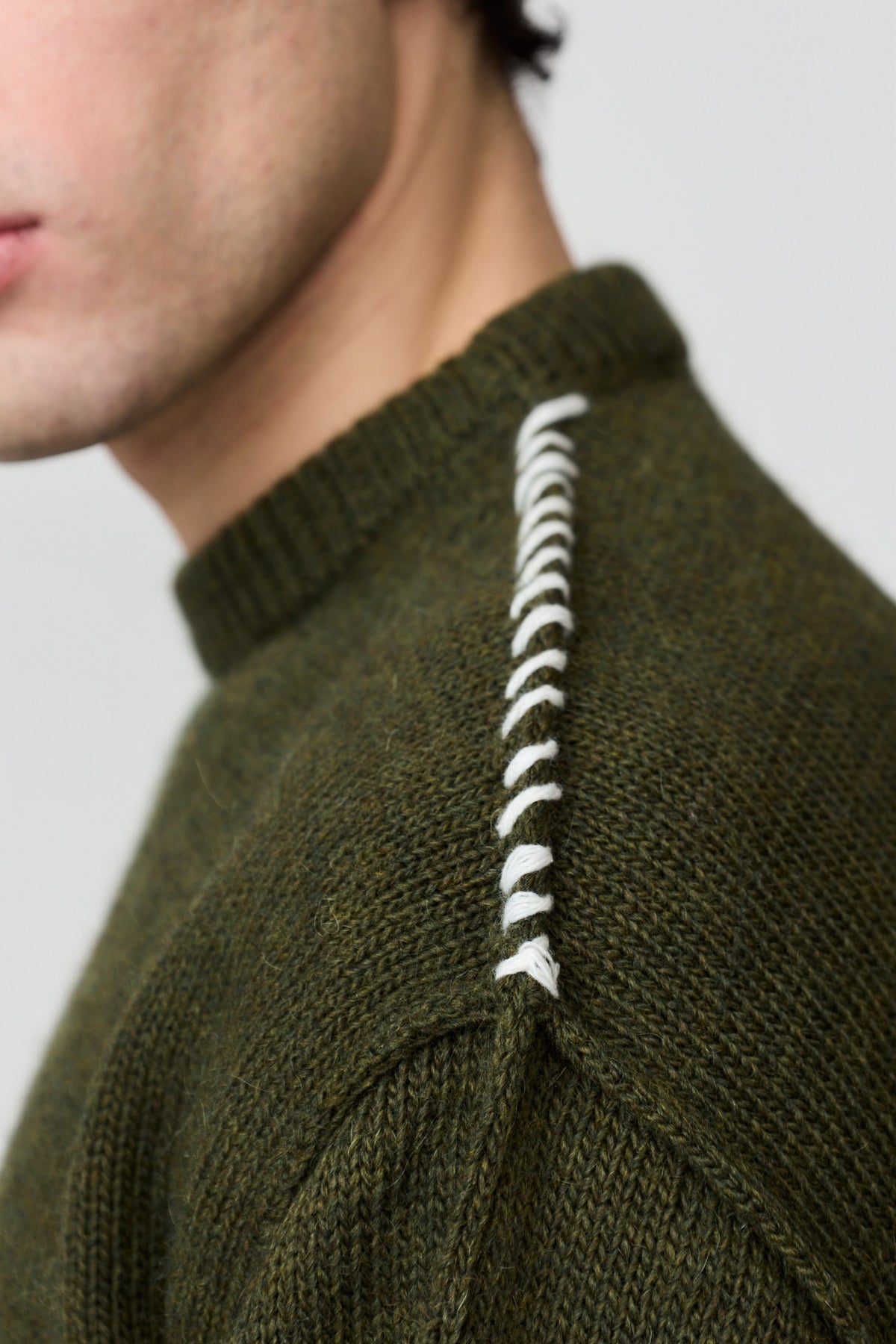 paura-Hotaka Contrast Stitch Crewneck - Moss Green-16DP60080000047