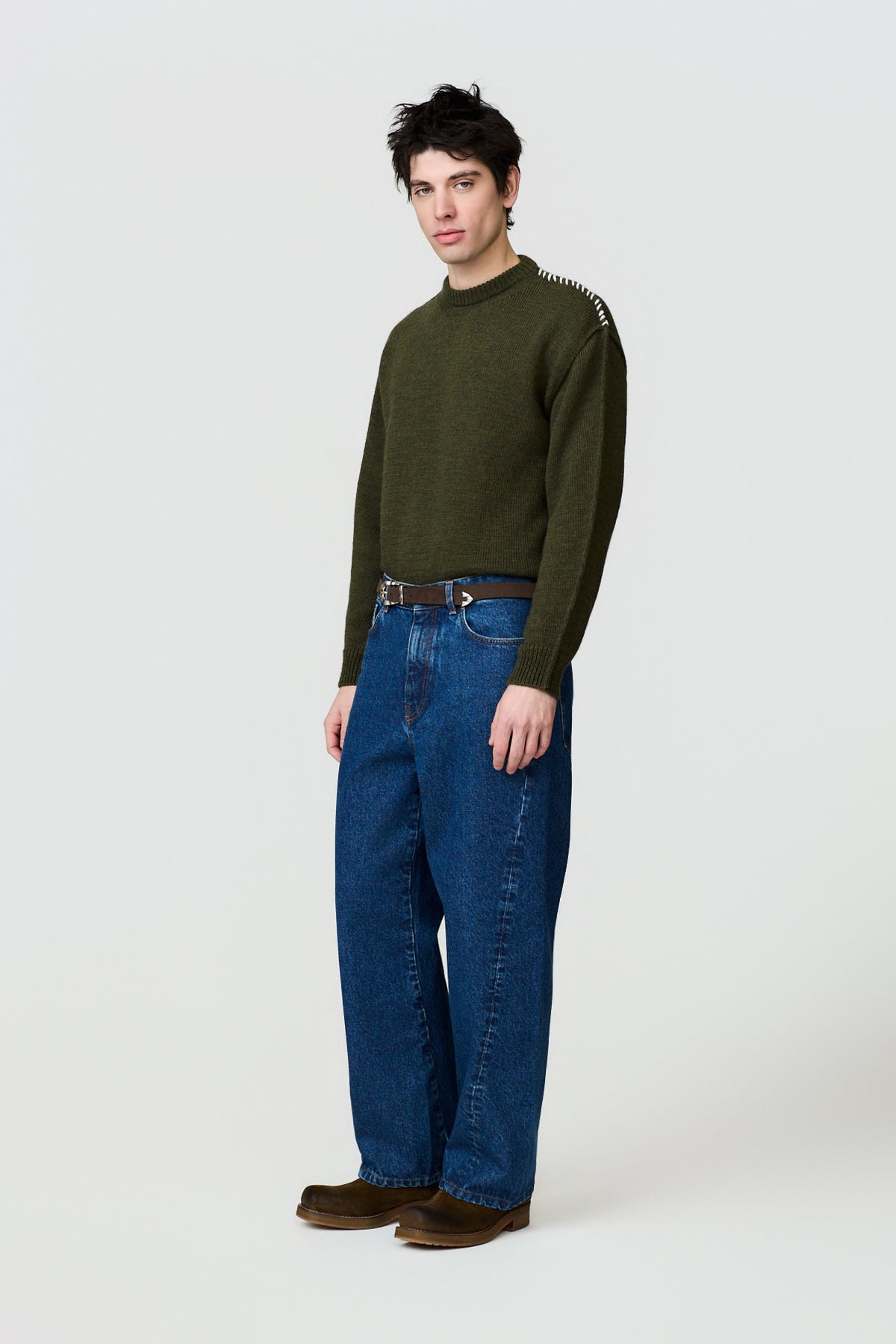 paura-Hotaka Contrast Stitch Crewneck - Moss Green-16DP60080000047