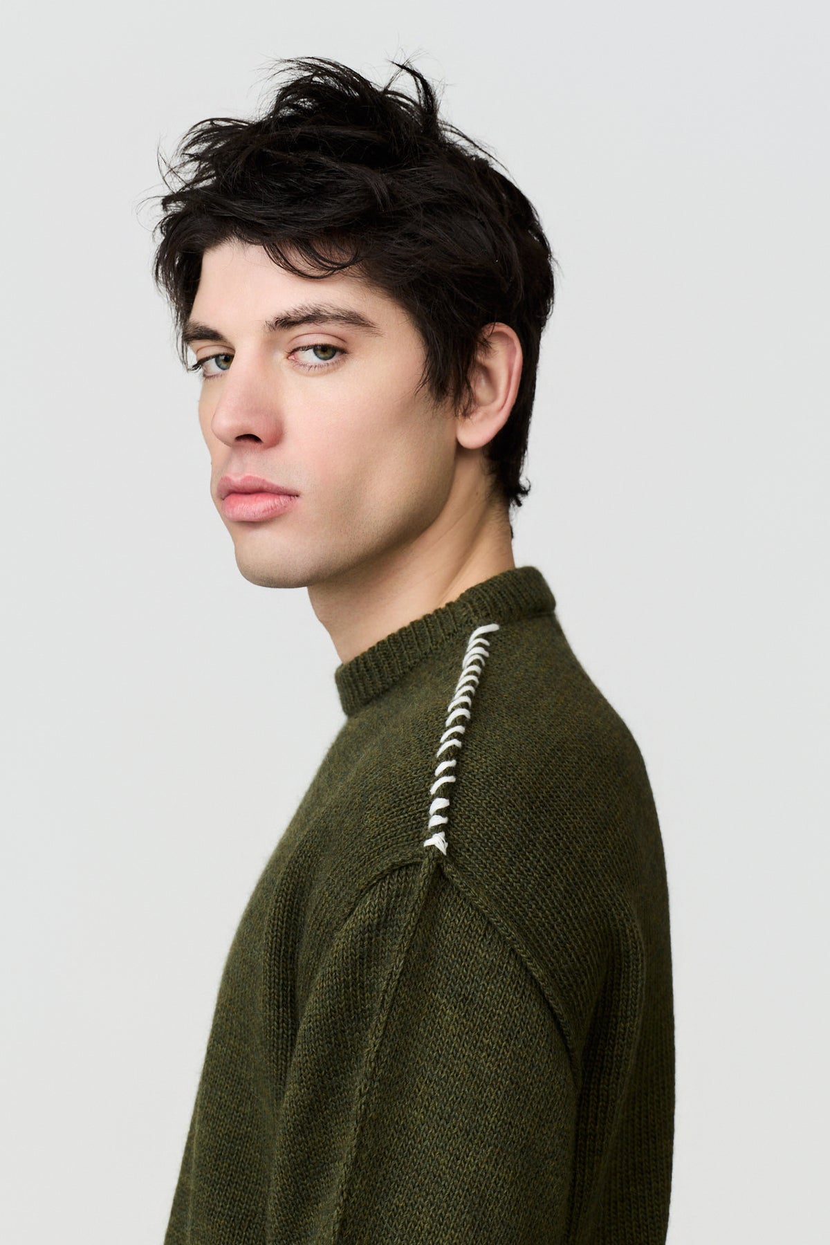 paura-Hotaka Contrast Stitch Crewneck - Moss Green-16DP60080000047