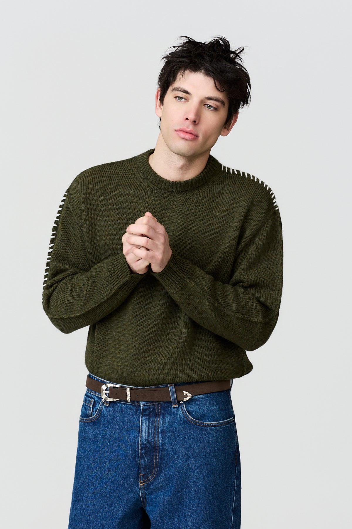 paura-Hotaka Contrast Stitch Crewneck - Moss Green-16DP60080000047