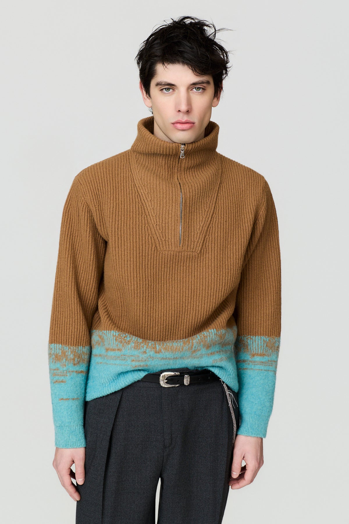paura-Hybris English Rib Half-Zip - Camel/Turquoise-6DP30080000064