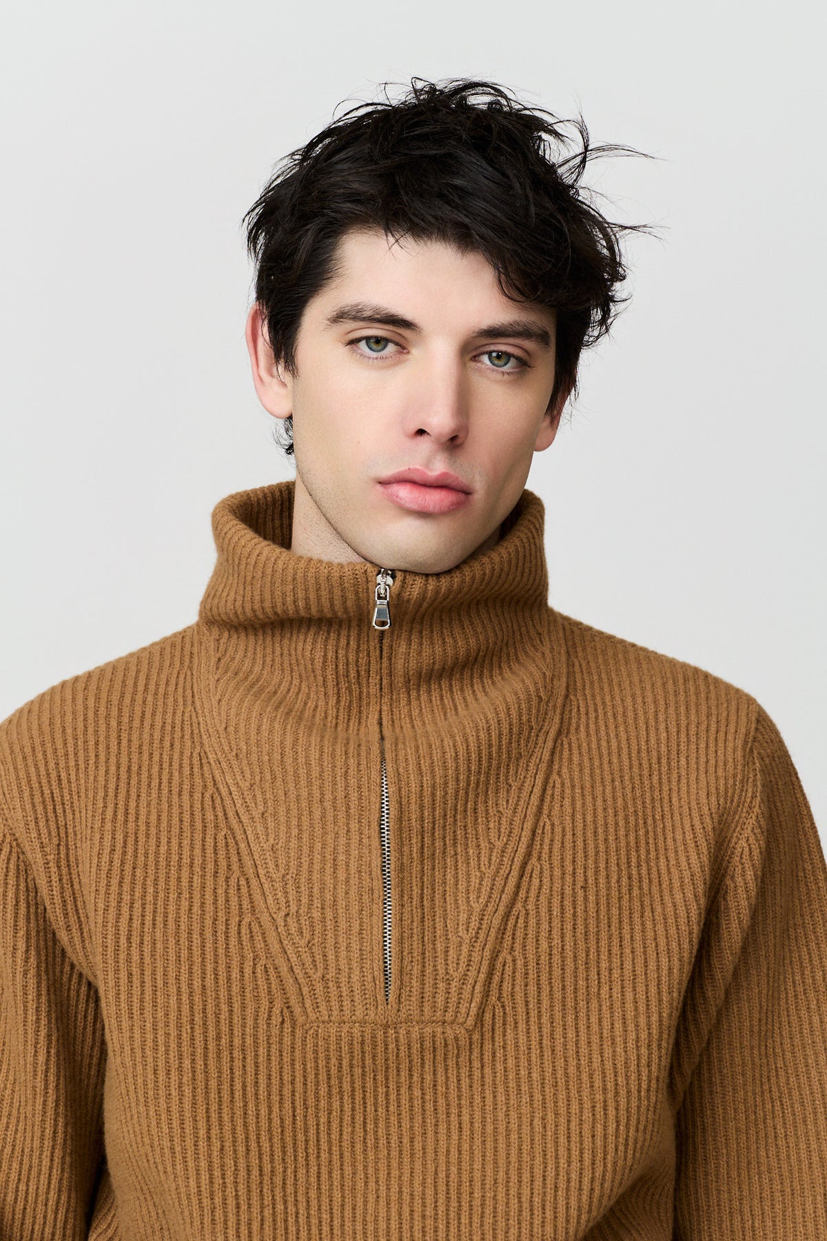 paura-Hybris English Rib Half-Zip - Camel/Turquoise-6DP30080000064