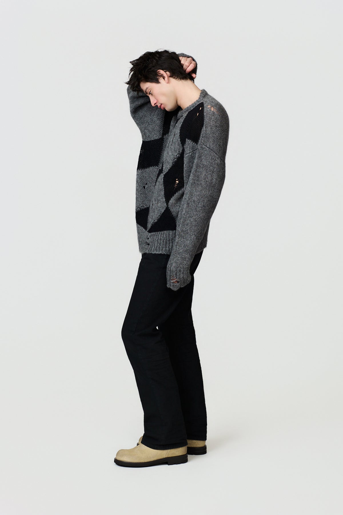 paura-Orfei Distressed Argyle Crewneck - Antracite/Black-16DP60110000037