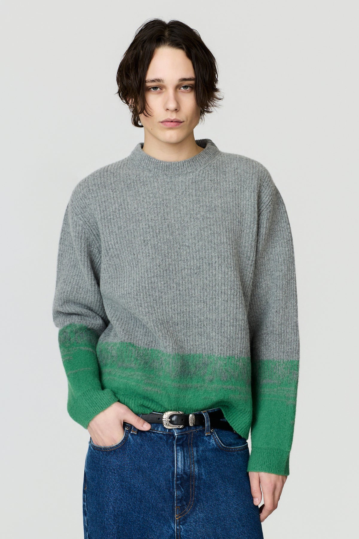 paura-Pegaso English Rib Crewneck - Grey/Green-16DP60070000039