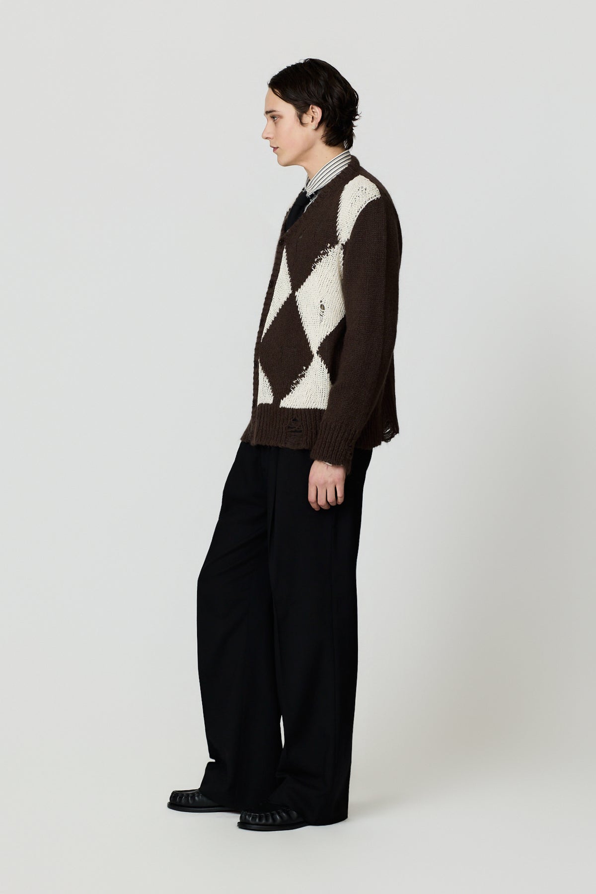 paura-Perifete Distressed Argyle Cardigan - Brown/Cream-16DP60120000016