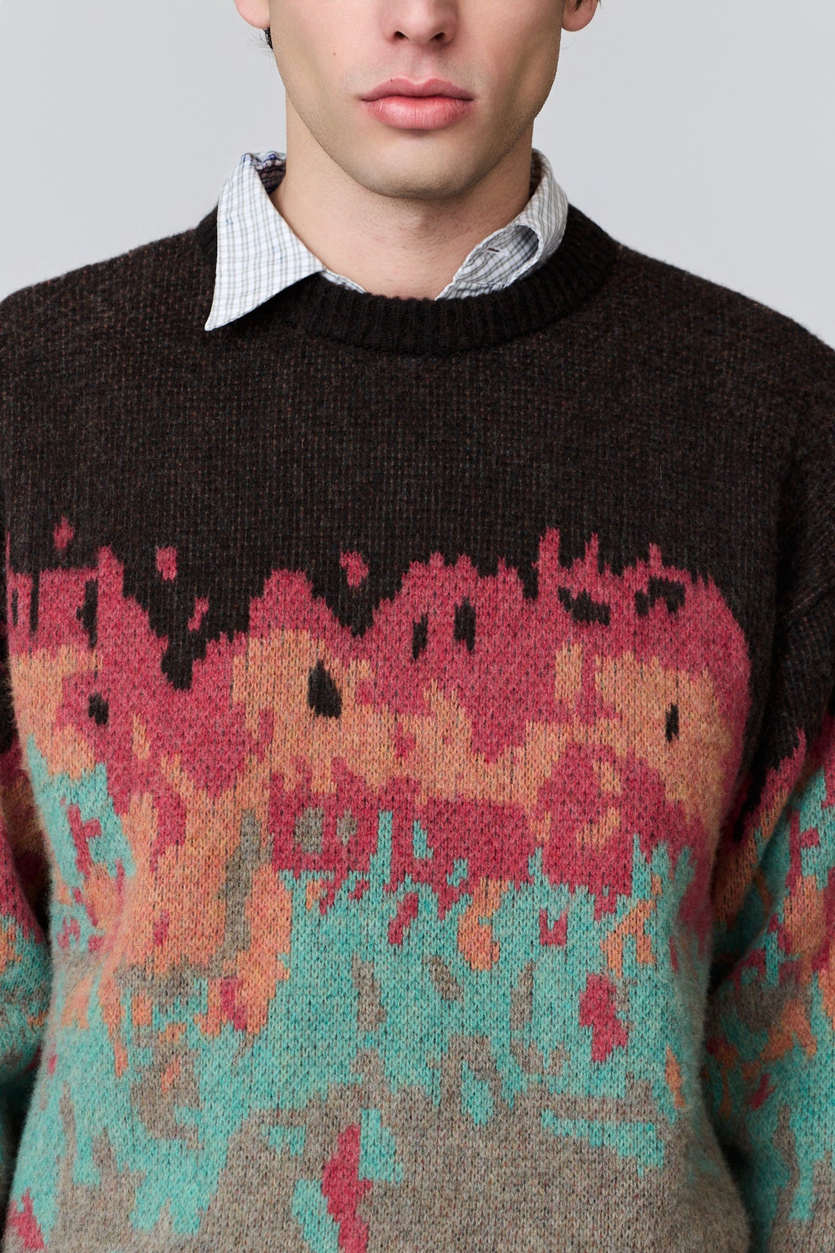paura-Persio Jacquard Pattern Crewneck - Brown/Multicolor-16DP60050000016