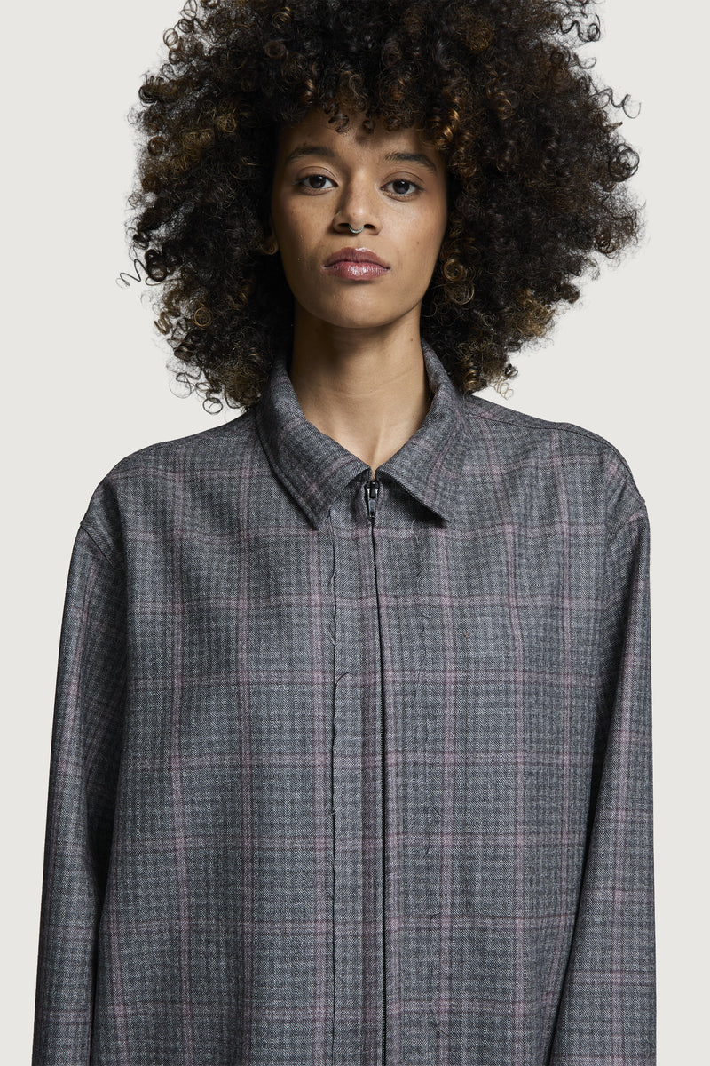 SHIN FULL ZIP SHIRT LIGHT GREY CHECK