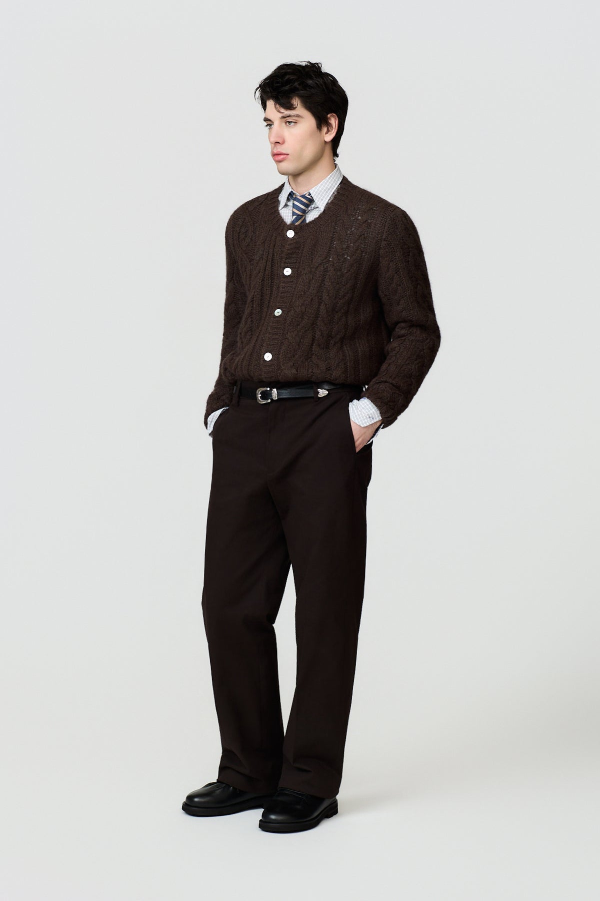 paura-Amar Round Neck Cardigan - Brown-16DP60100000016