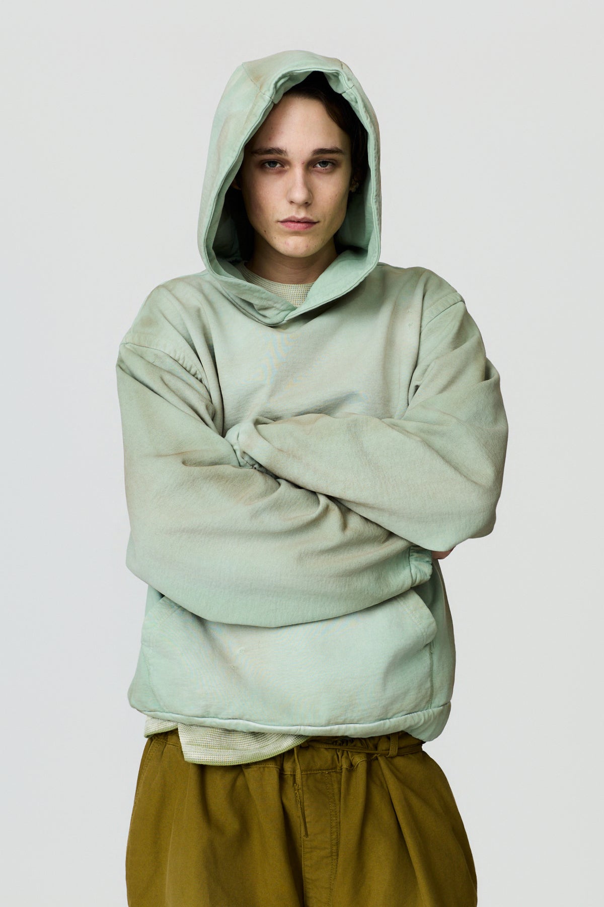 paura-Assenzio Garment-Dyed Distressed Hoodie - Mint-16DP30040000019