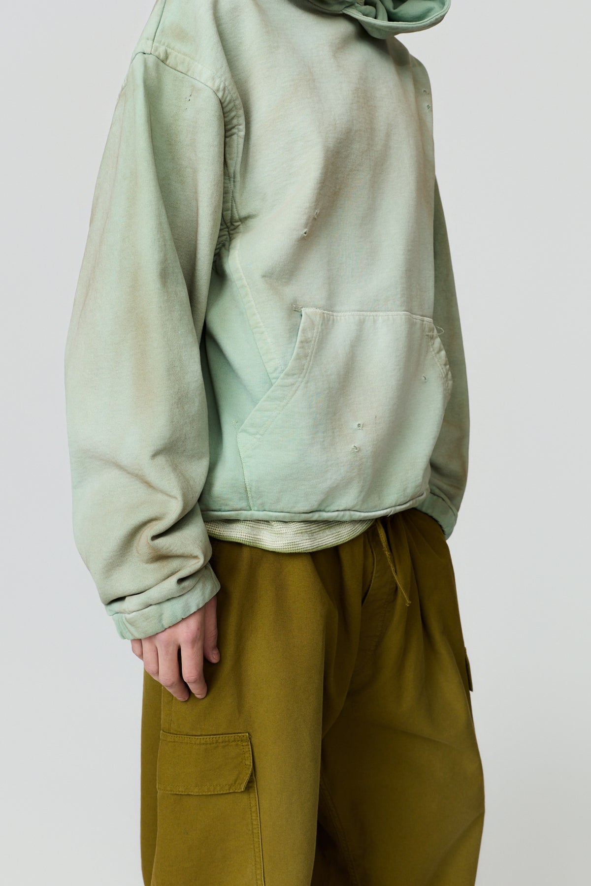 paura-Assenzio Garment-Dyed Distressed Hoodie - Mint-16DP30040000019