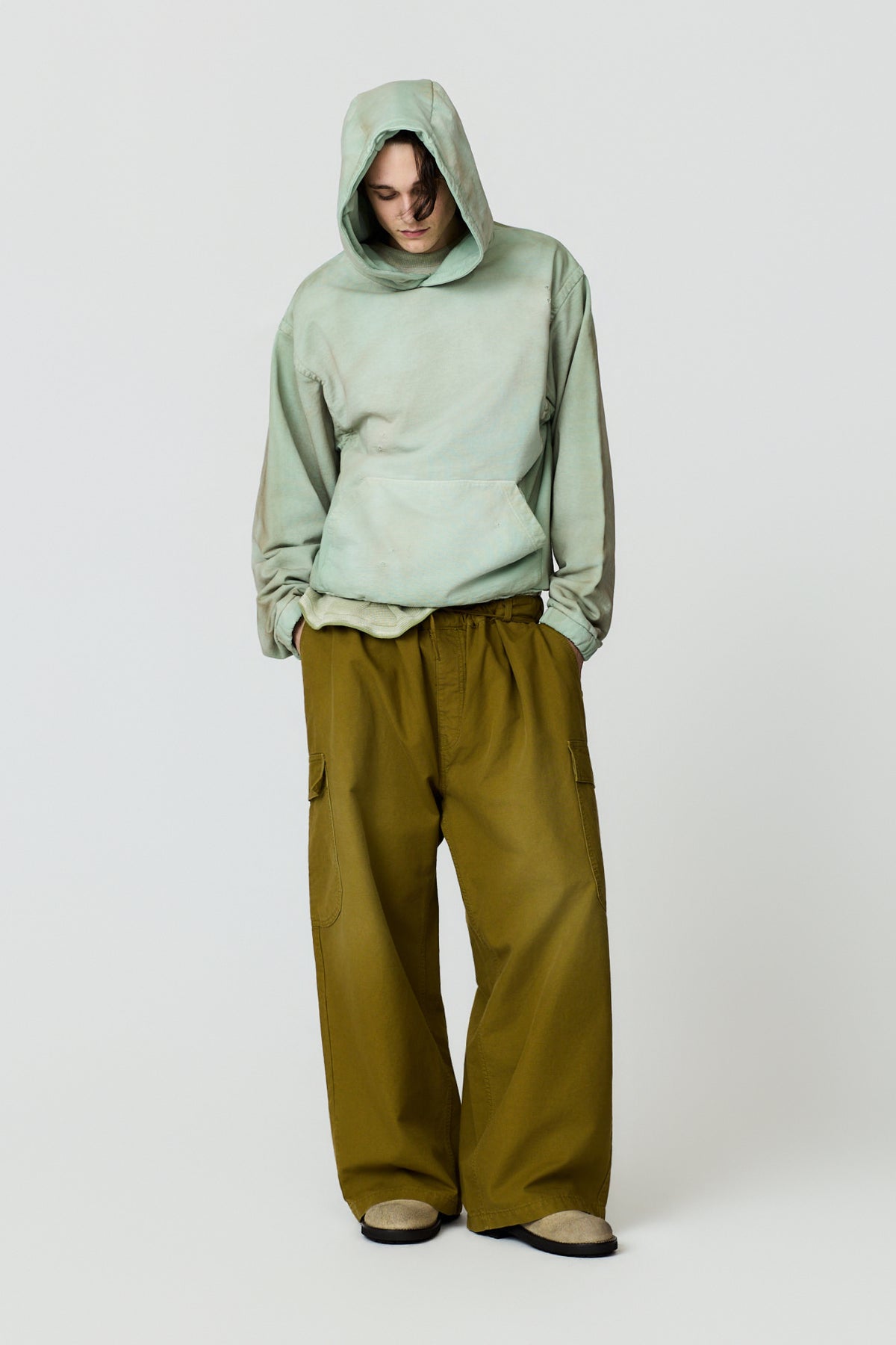 paura-Assenzio Garment-Dyed Distressed Hoodie - Mint-16DP30040000019