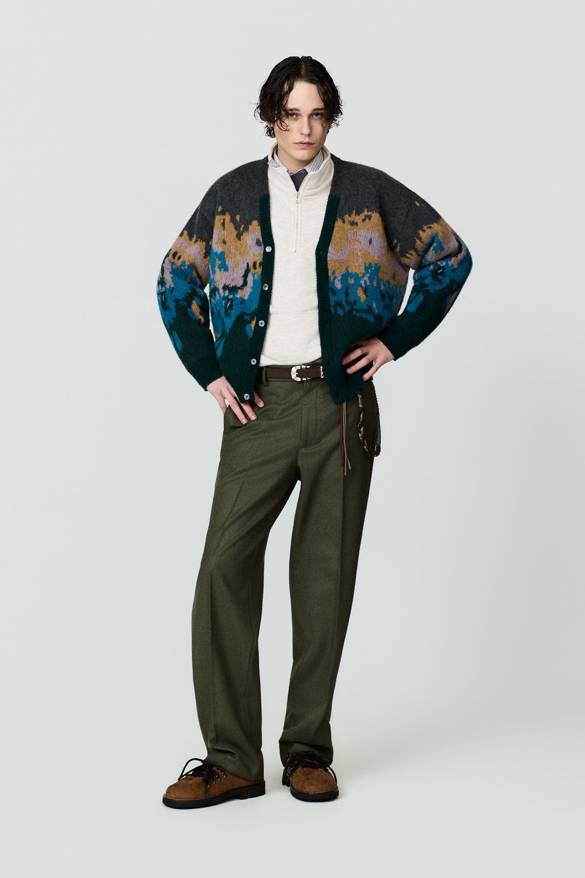 paura-Castore Jacquard Pattern Cardigan - Antracite/Multicolor-16DP60060000037