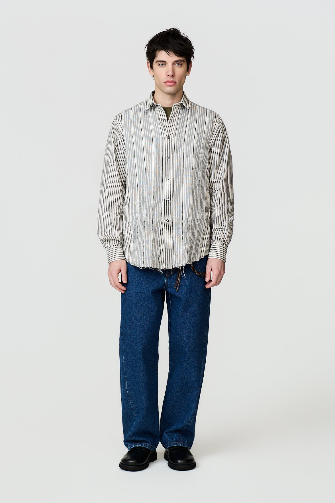 paura-Fedone Distressed Striped Shirt - Off White/Black Stripes-16DP20030000020