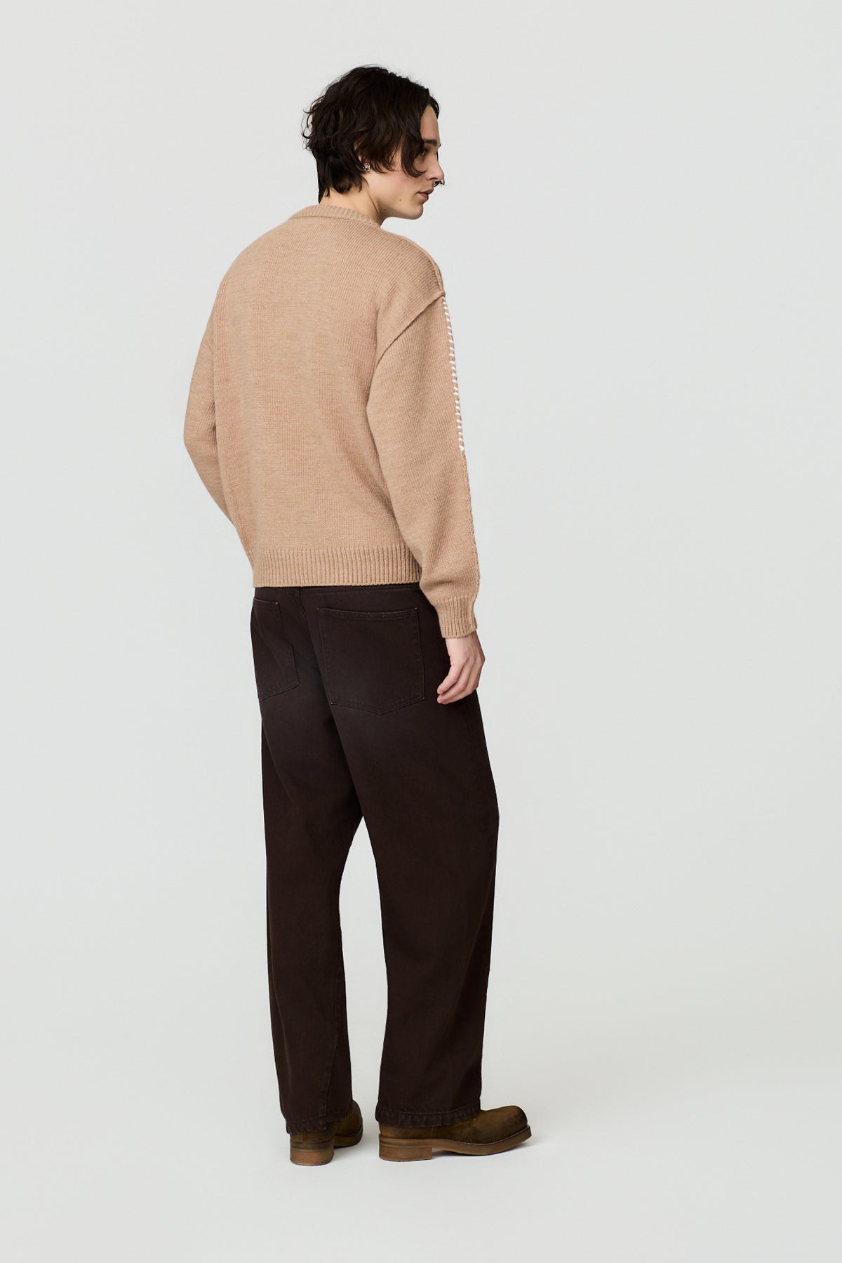 paura-Hotaka Contrast Stitch Crewneck - Beige-16DP60080000046