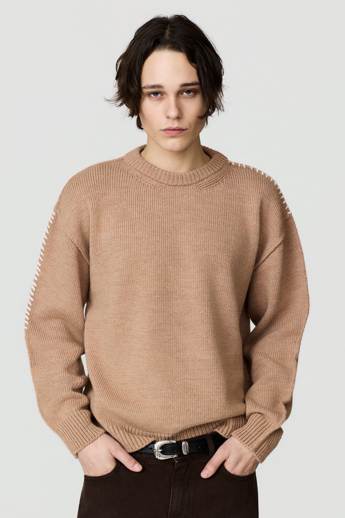 paura-Hotaka Contrast Stitch Crewneck - Beige-16DP60080000046