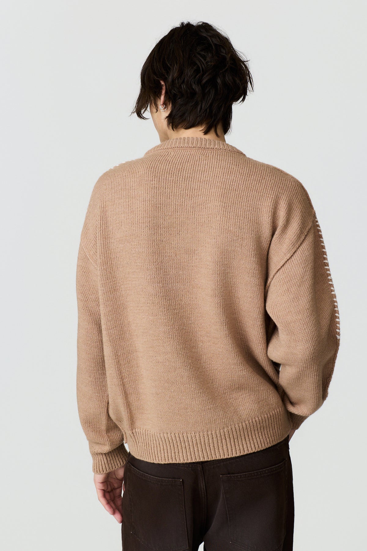 paura-Hotaka Contrast Stitch Crewneck - Beige-16DP60080000046