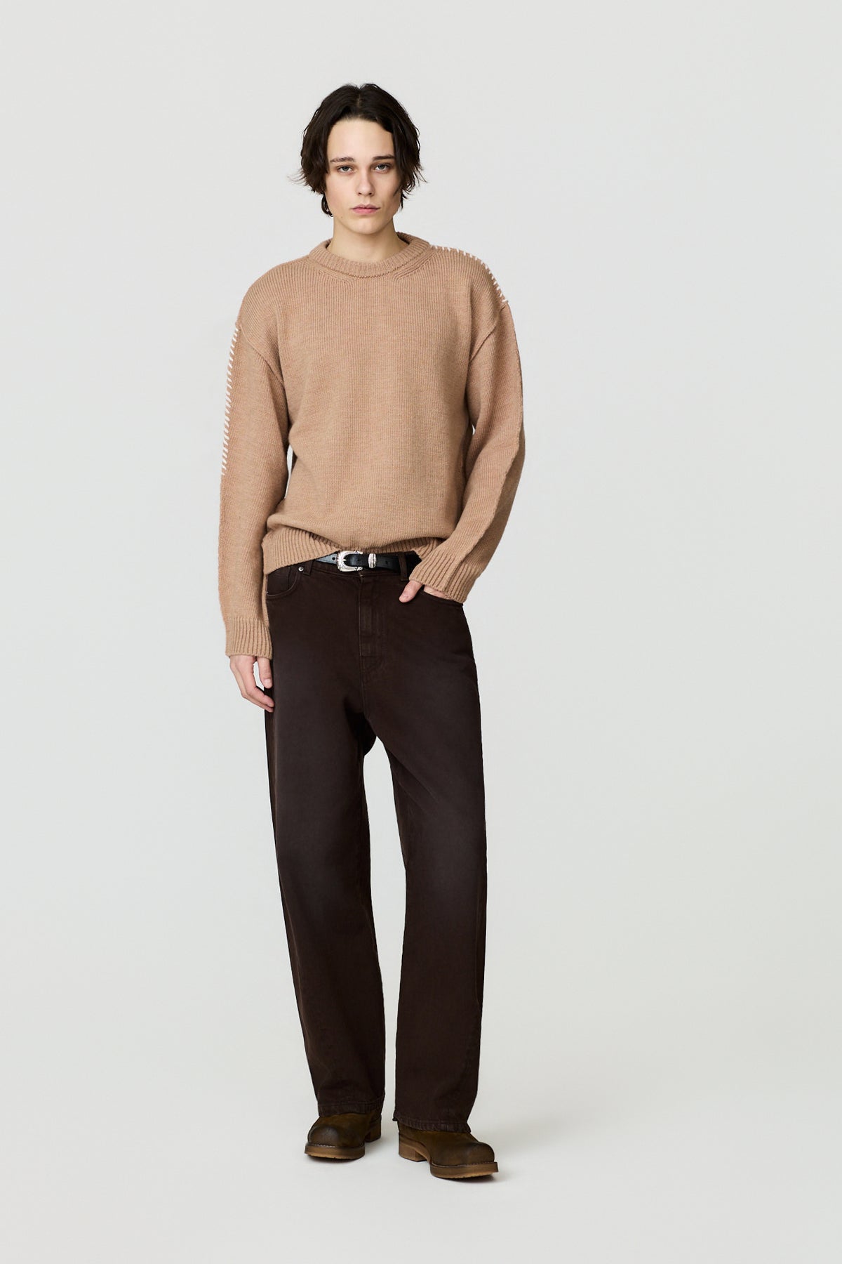 paura-Hotaka Contrast Stitch Crewneck - Beige-16DP60080000046