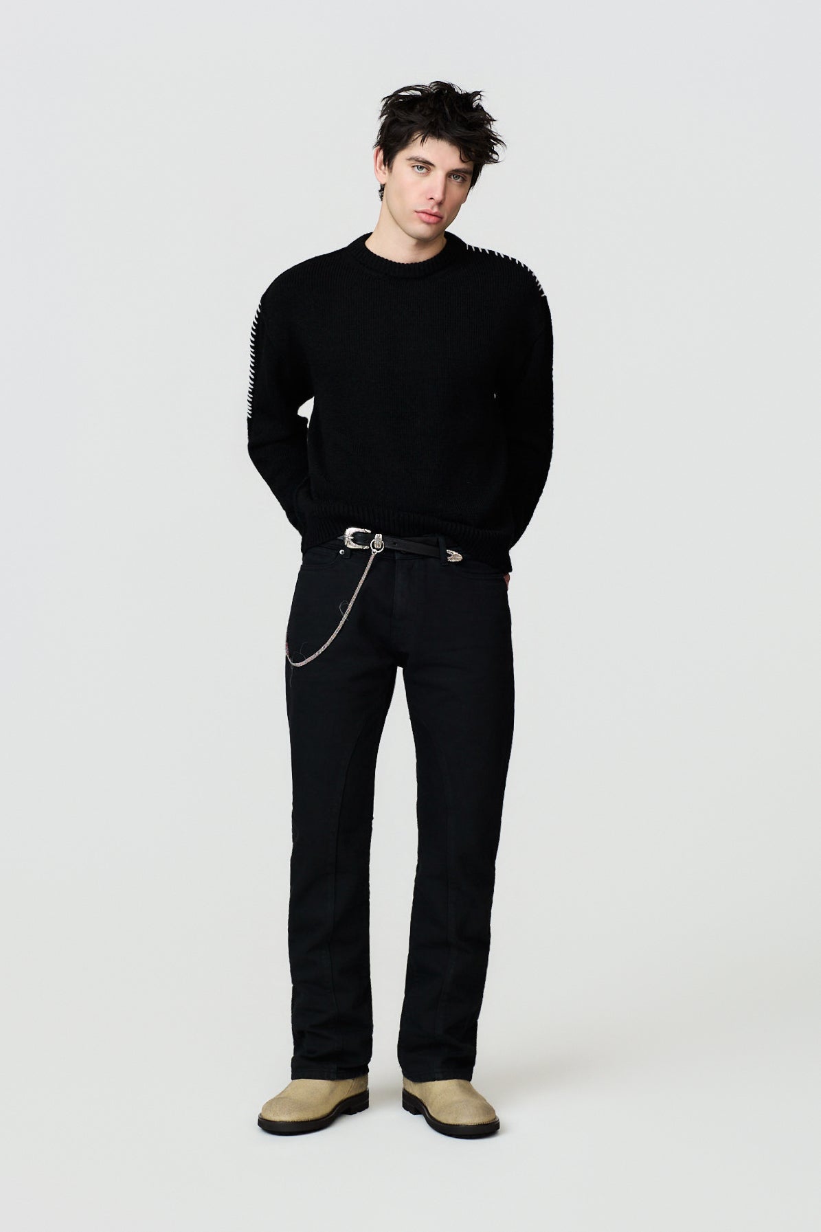paura-Hotaka Contrast Stitch Crewneck - Black-16DP60080000001