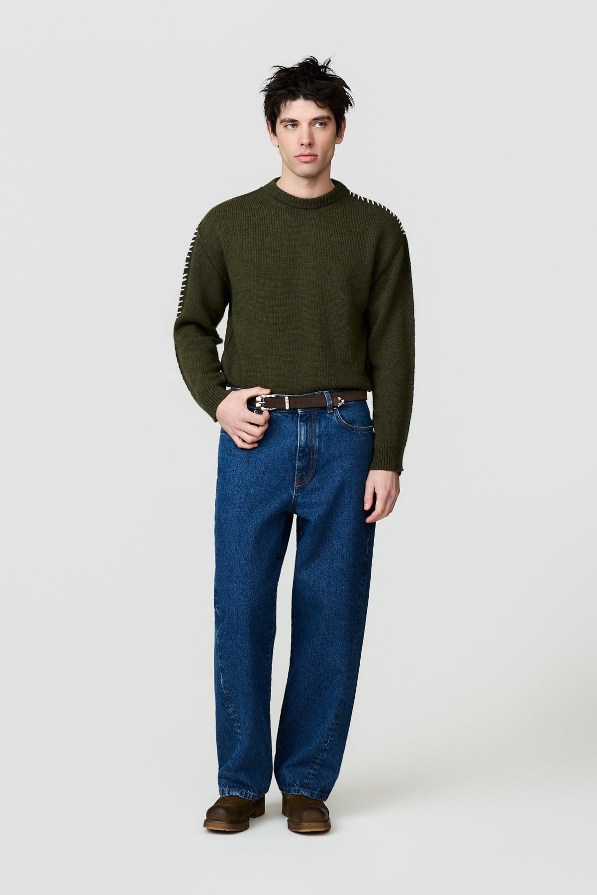 paura-Hotaka Contrast Stitch Crewneck - Moss Green-16DP60080000047