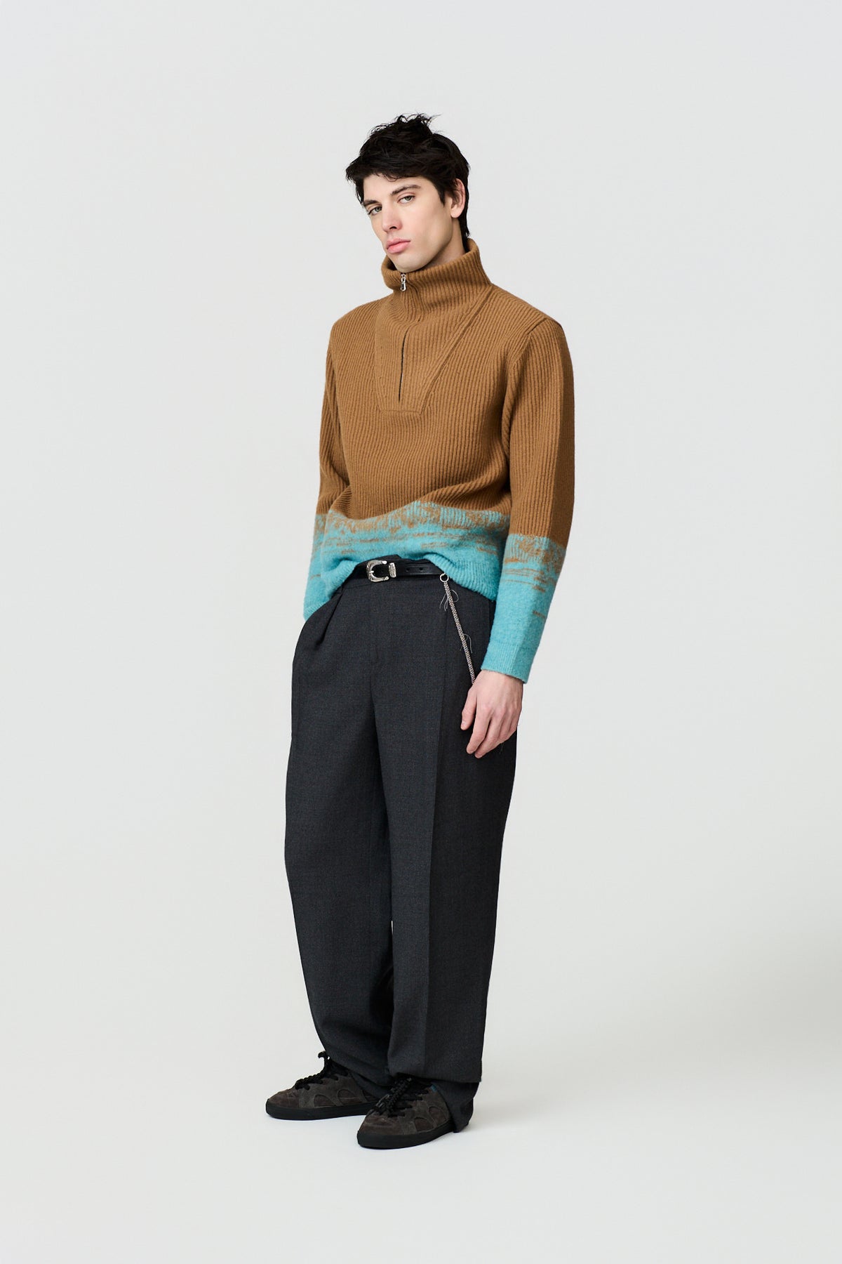 paura-Hybris English Rib Half-Zip - Camel/Turquoise-6DP30080000064