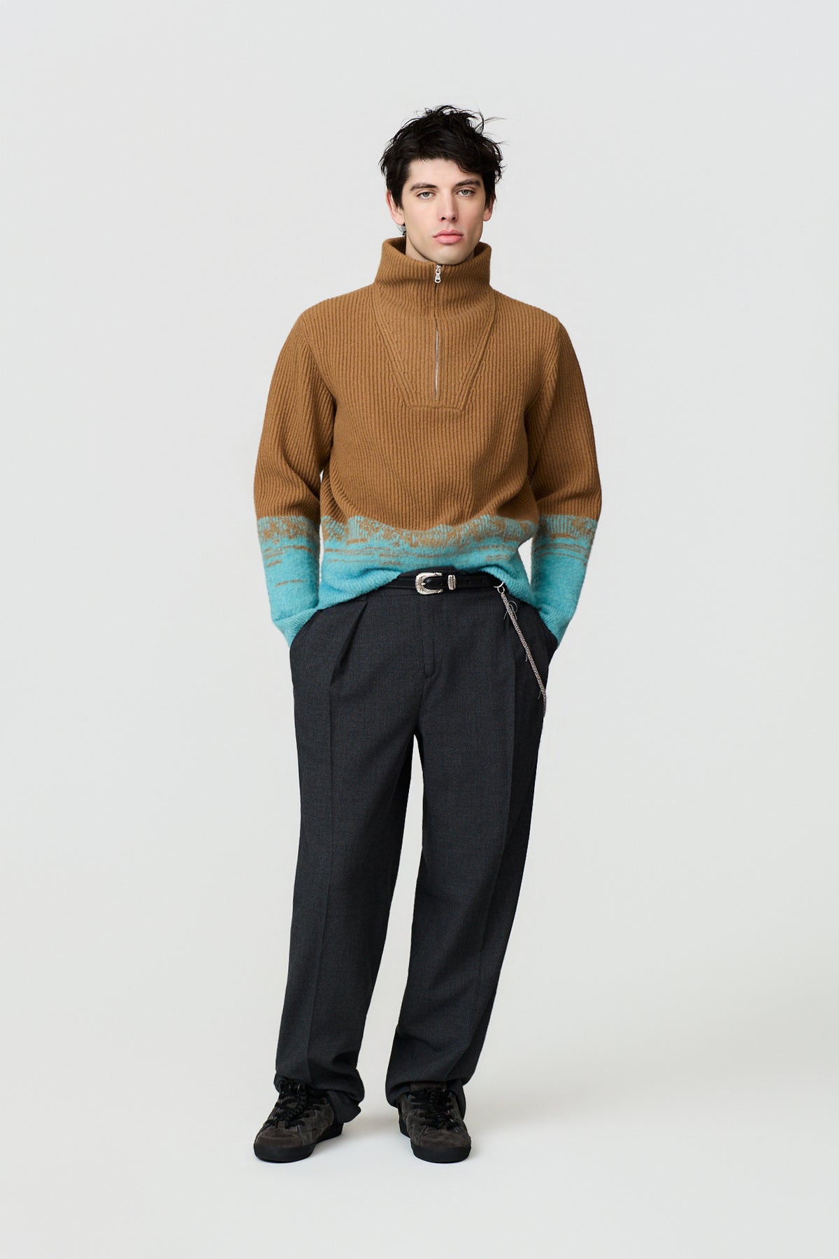 paura-Hybris English Rib Half-Zip - Camel/Turquoise-6DP30080000064