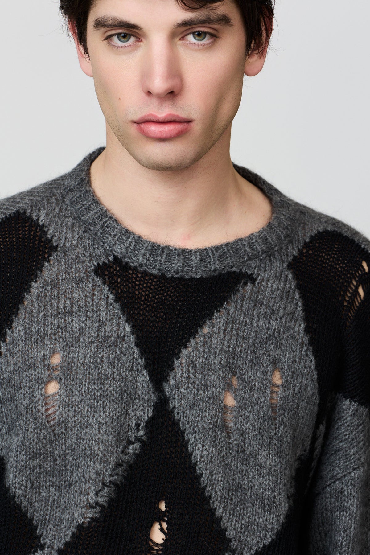 paura-Orfei Distressed Argyle Crewneck - Antracite/Black-16DP60110000037