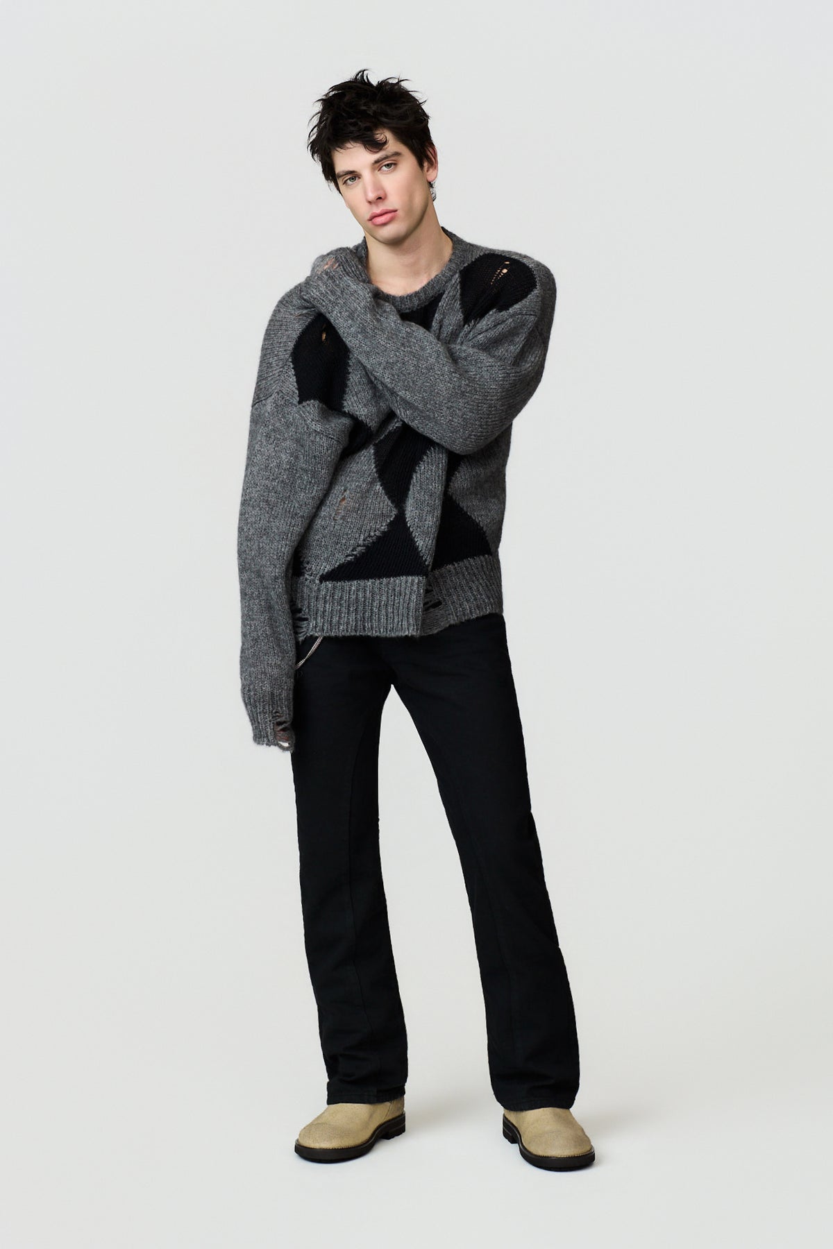 paura-Orfei Distressed Argyle Crewneck - Antracite/Black-16DP60110000037