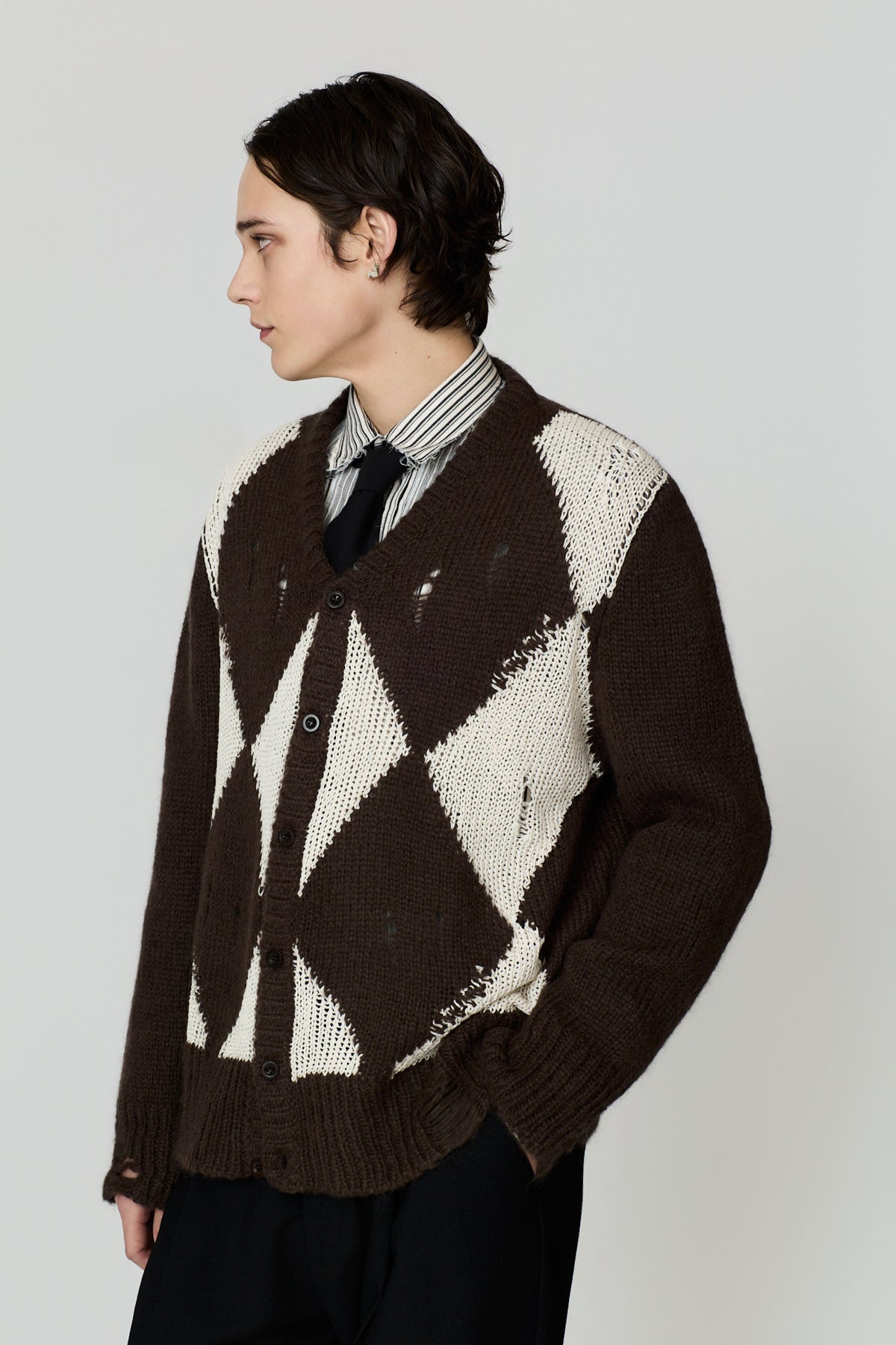 paura-Perifete Distressed Argyle Cardigan - Brown/Cream-16DP60120000016