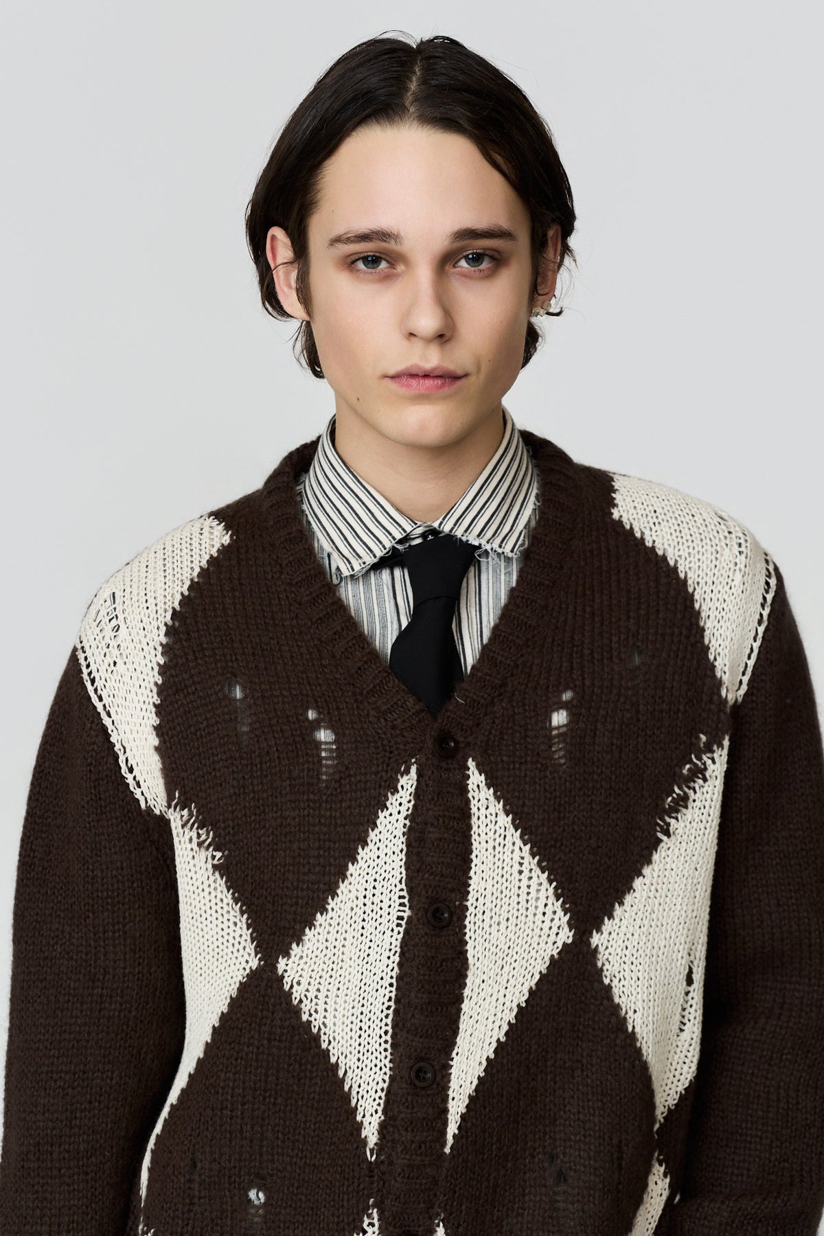 paura-Perifete Distressed Argyle Cardigan - Brown/Cream-16DP60120000016
