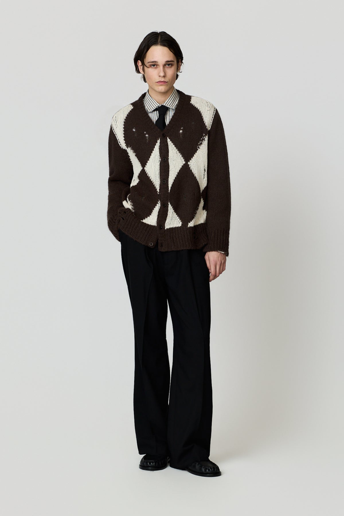 paura-Perifete Distressed Argyle Cardigan - Brown/Cream-16DP60120000016