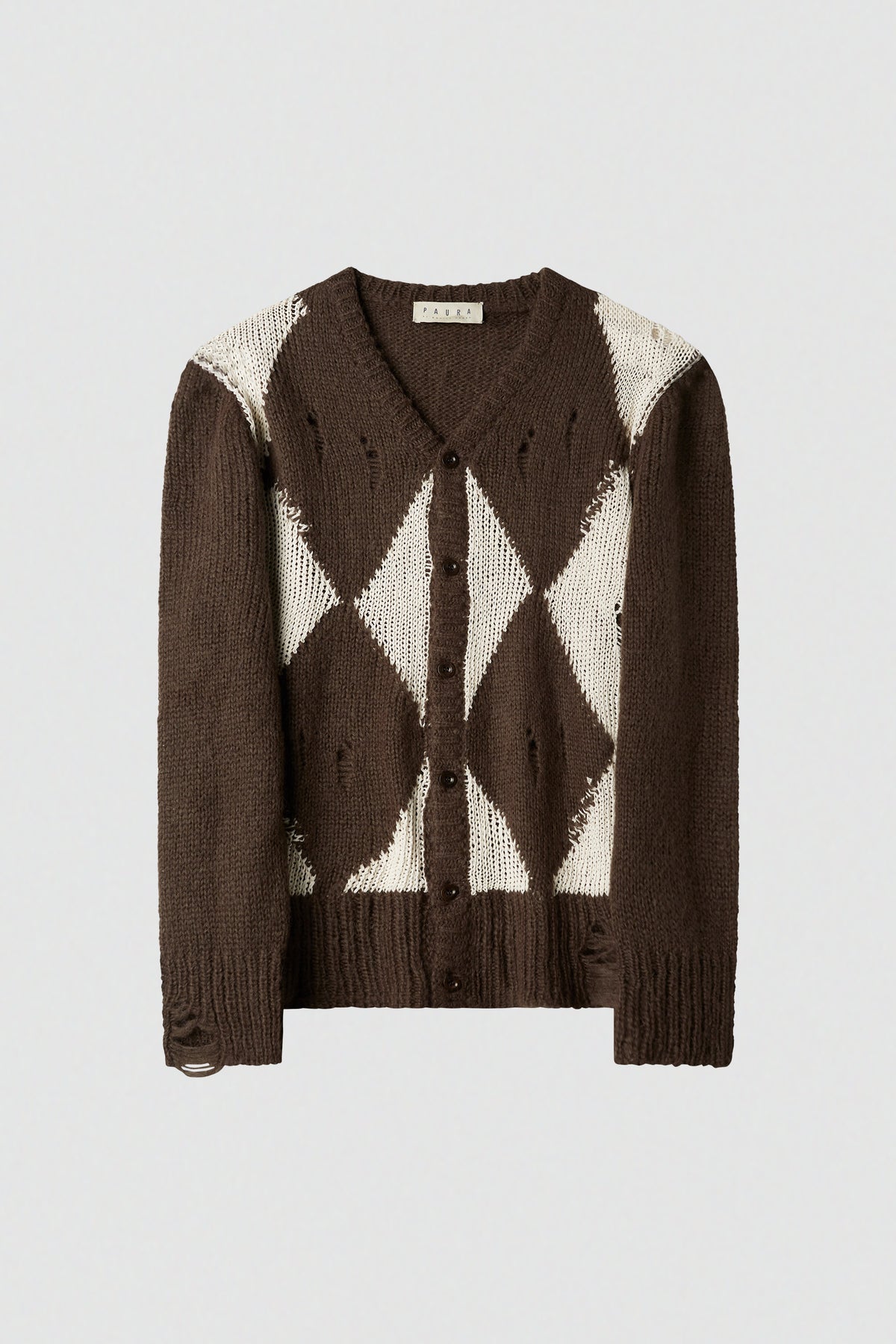 paura-Perifete Distressed Argyle Cardigan - Brown/Cream-16DP60120000016