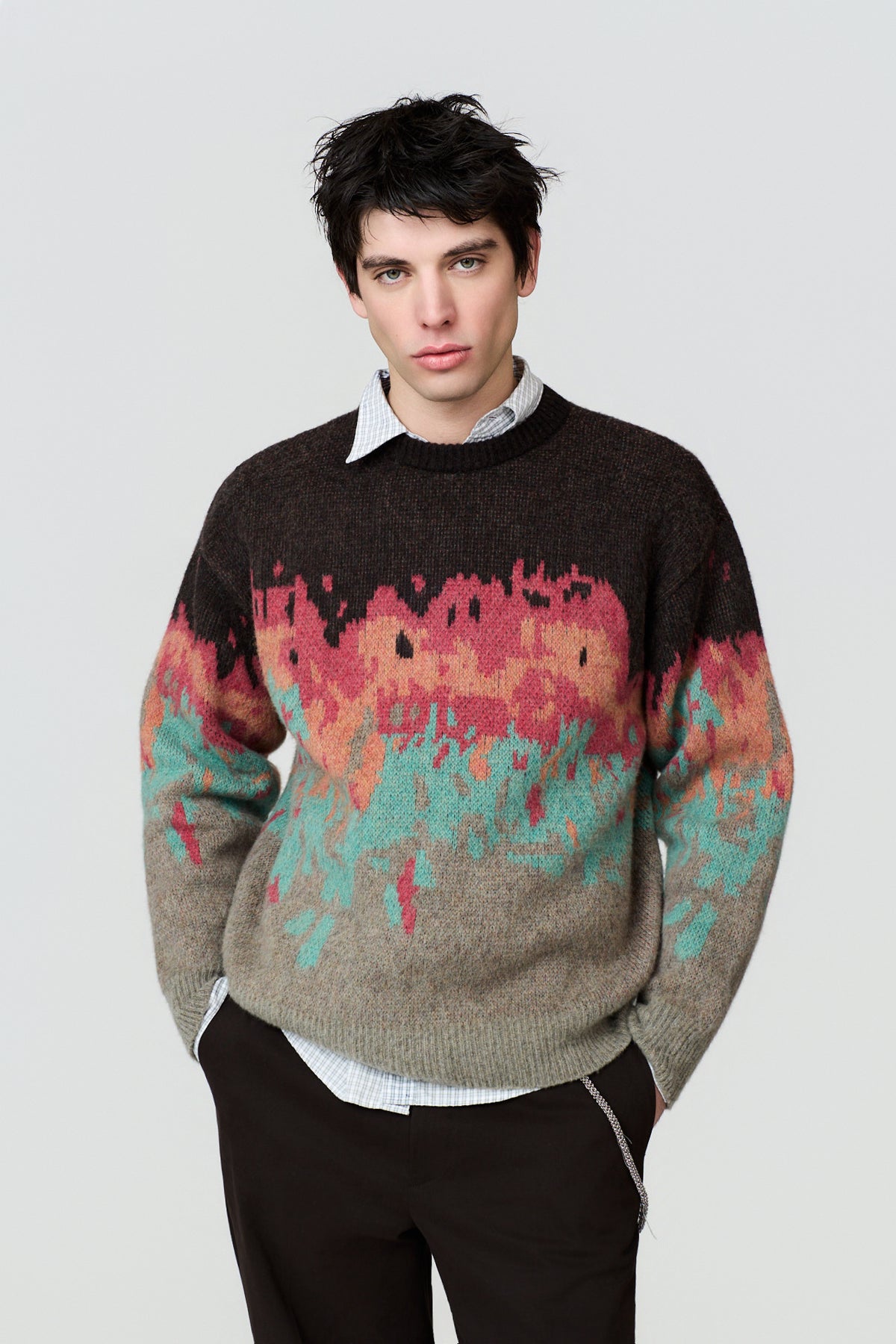 paura-Persio Jacquard Pattern Crewneck - Brown/Multicolor-16DP60050000016