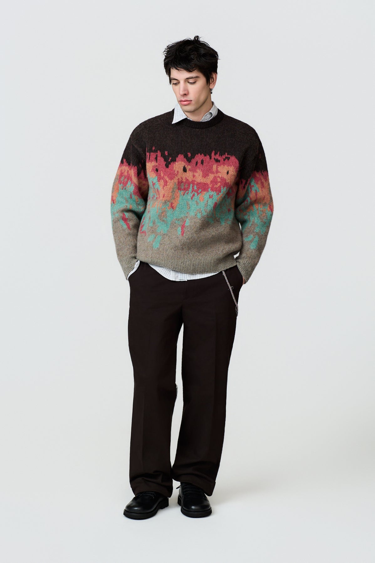 paura-Persio Jacquard Pattern Crewneck - Brown/Multicolor-16DP60050000016