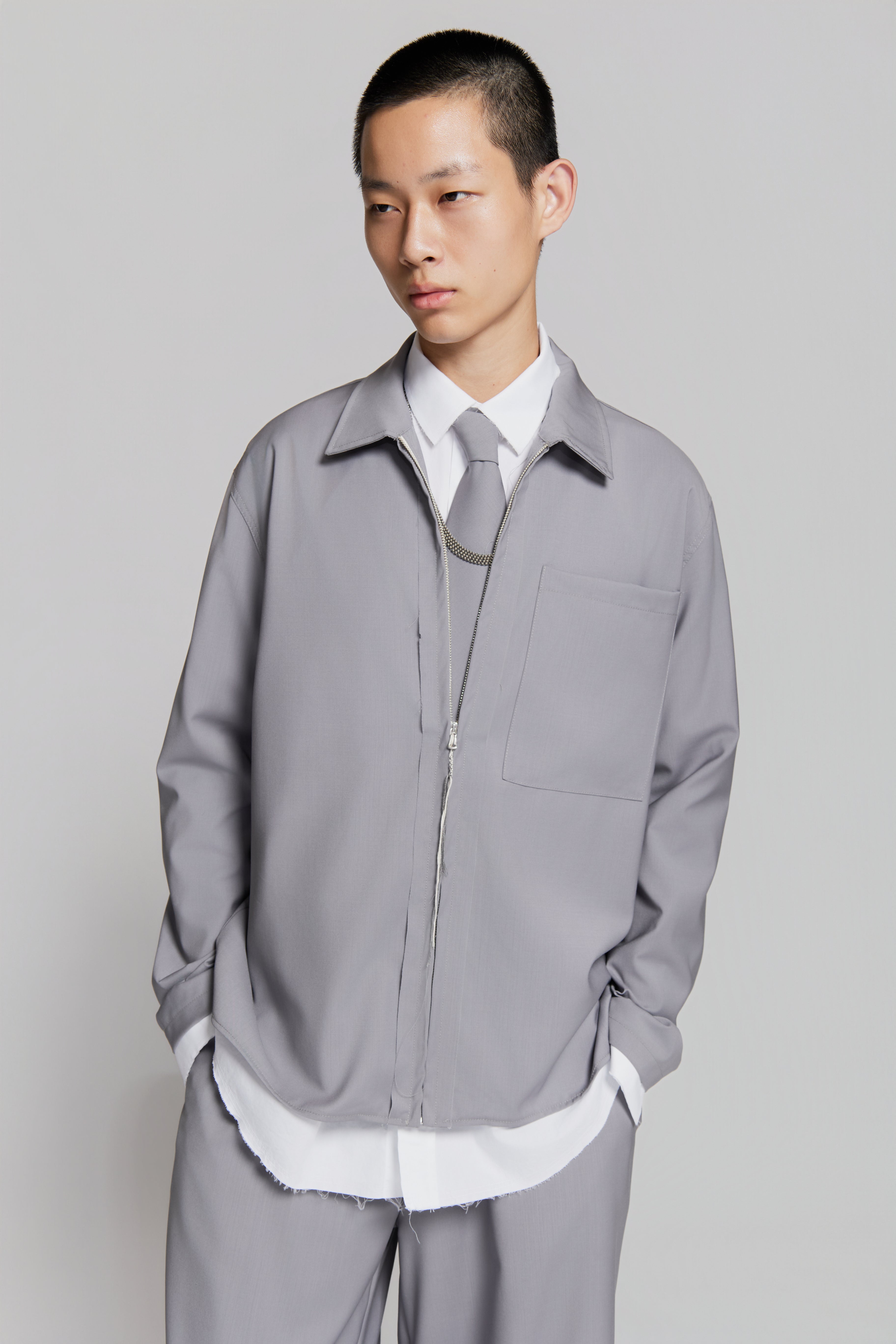 paura-Shin Full Zip Shirt Lilac Grey-15DP20010000003